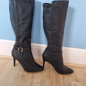 New Look Black Heeled Boots with Gold Buckle